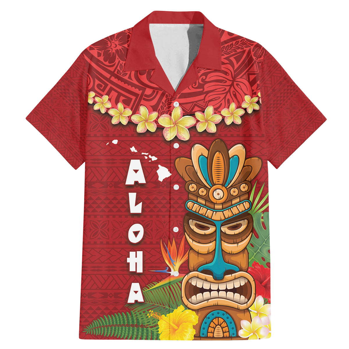Hawaii Plumeria Lei Family Matching Mermaid Dress and Hawaiian Shirt Tiki and Kakau Pattern Red Color