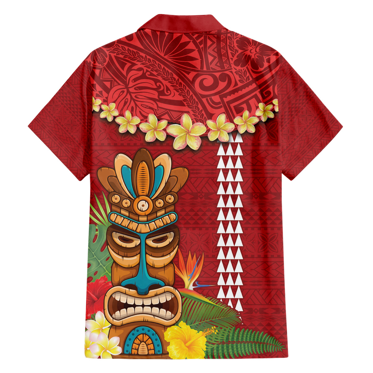 Hawaii Plumeria Lei Family Matching Short Sleeve Bodycon Dress and Hawaiian Shirt Tiki and Kakau Pattern Red Color