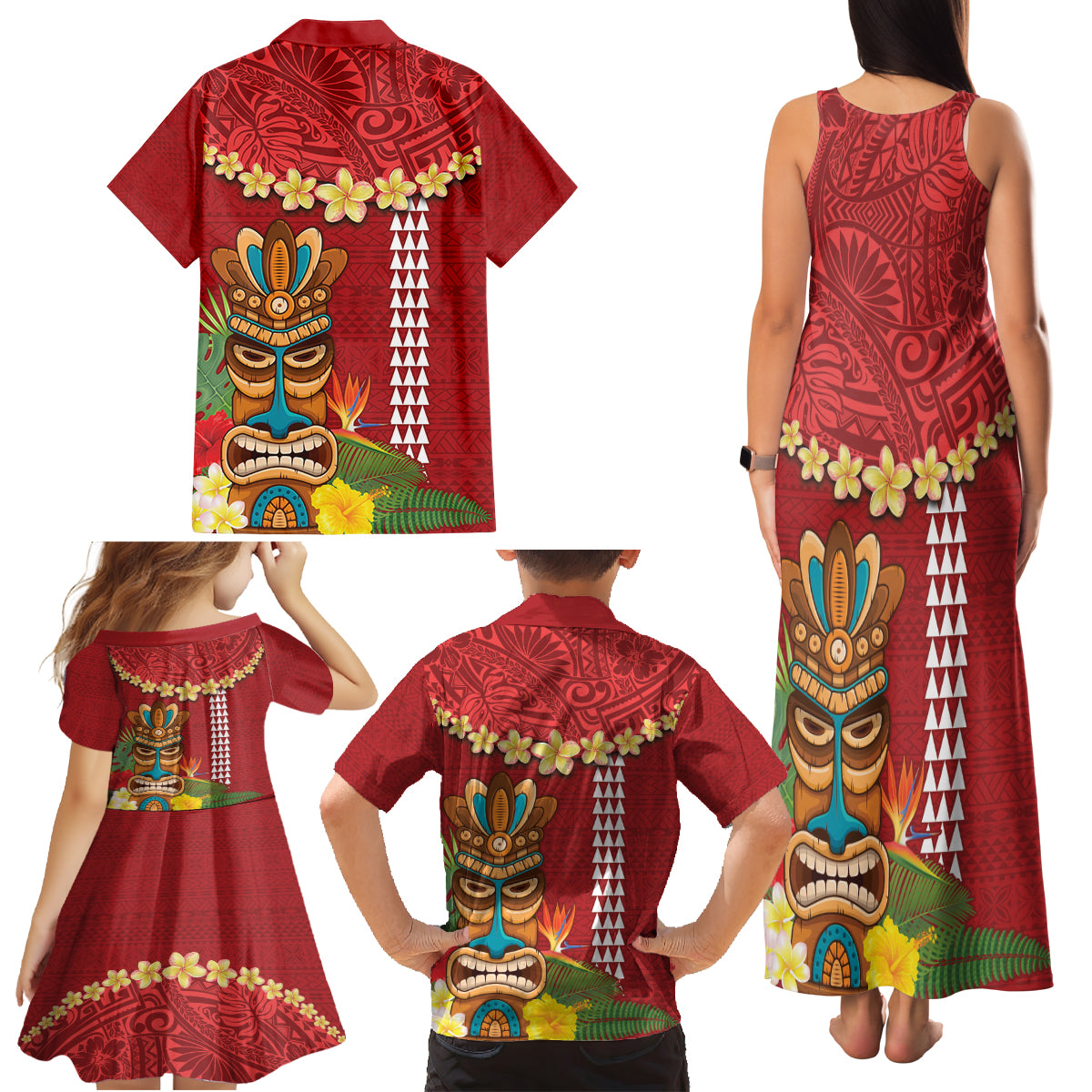 Hawaii Plumeria Lei Family Matching Tank Maxi Dress and Hawaiian Shirt Tiki and Kakau Pattern Red Color