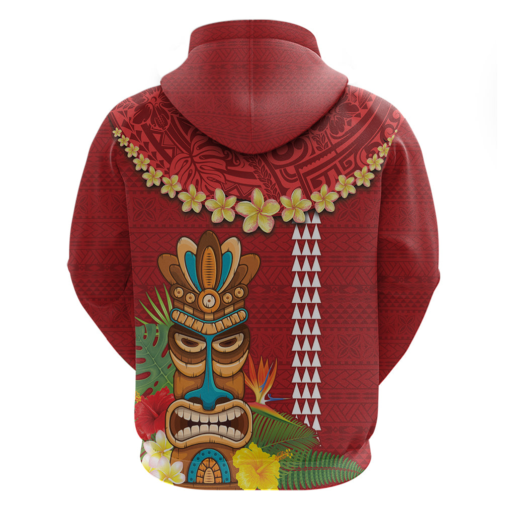 Hawaii Plumeria Lei Hoodie Tiki and Kakau Pattern Red Color