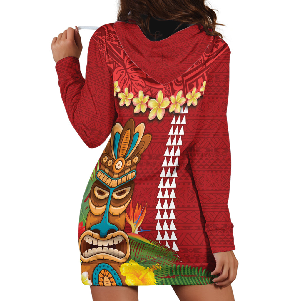 Hawaii Plumeria Lei Hoodie Dress Tiki and Kakau Pattern Red Color
