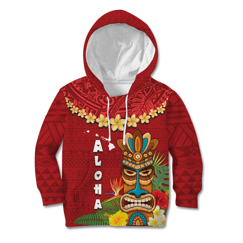 Hawaii Plumeria Lei Kid Hoodie Tiki and Kakau Pattern Red Color