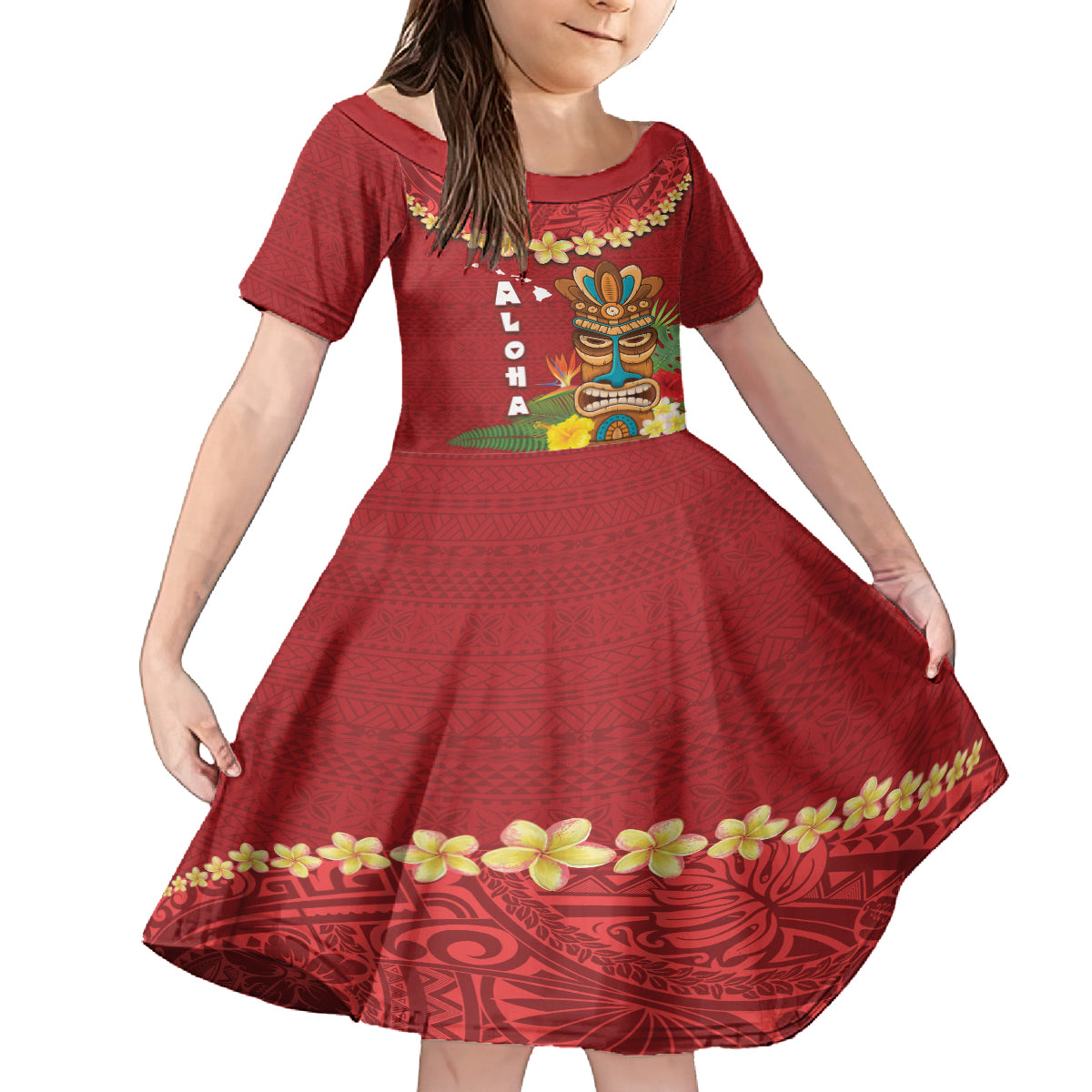 Hawaii Plumeria Lei Kid Short Sleeve Dress Tiki and Kakau Pattern Red Color