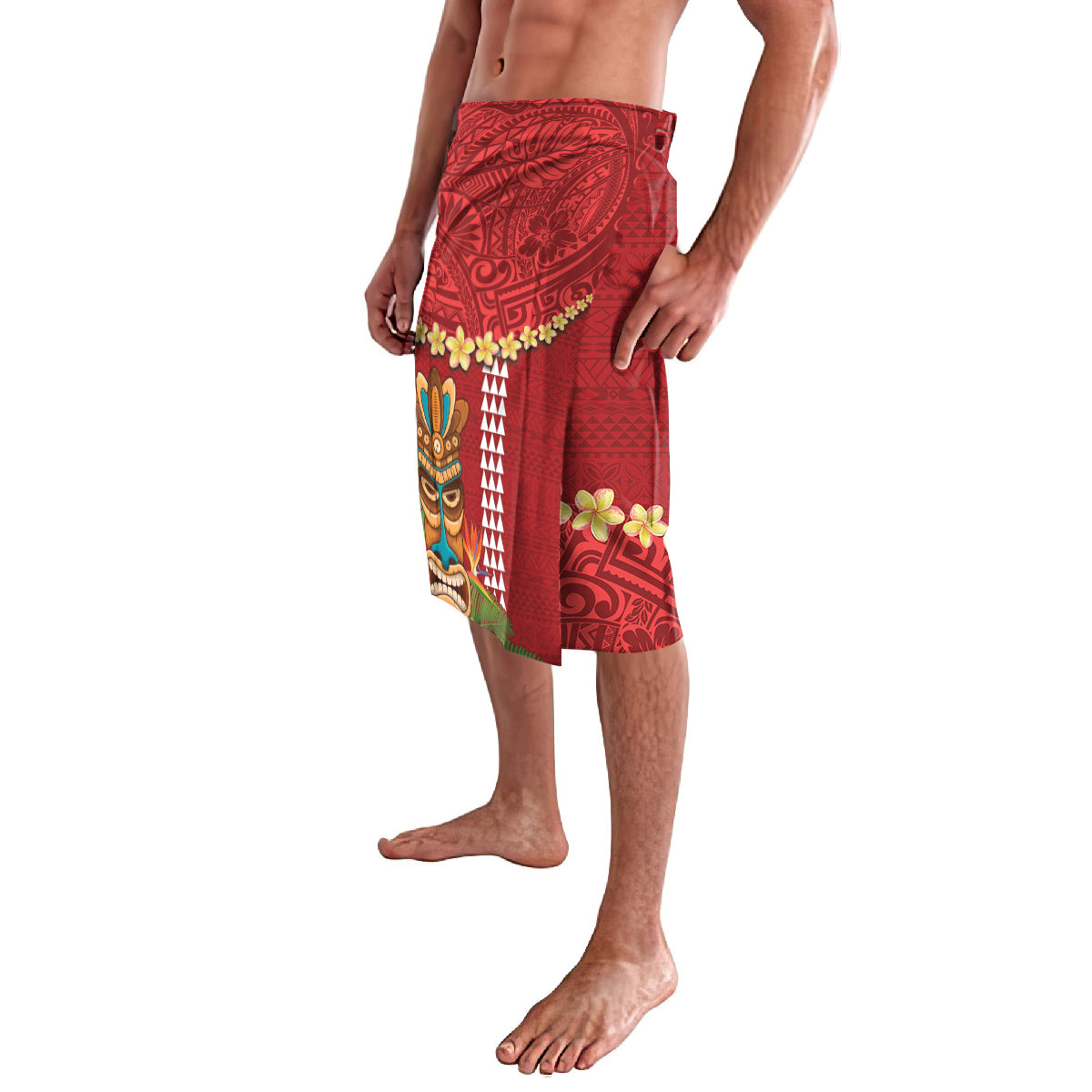 Hawaii Plumeria Lei Lavalava Tiki and Kakau Pattern Red Color