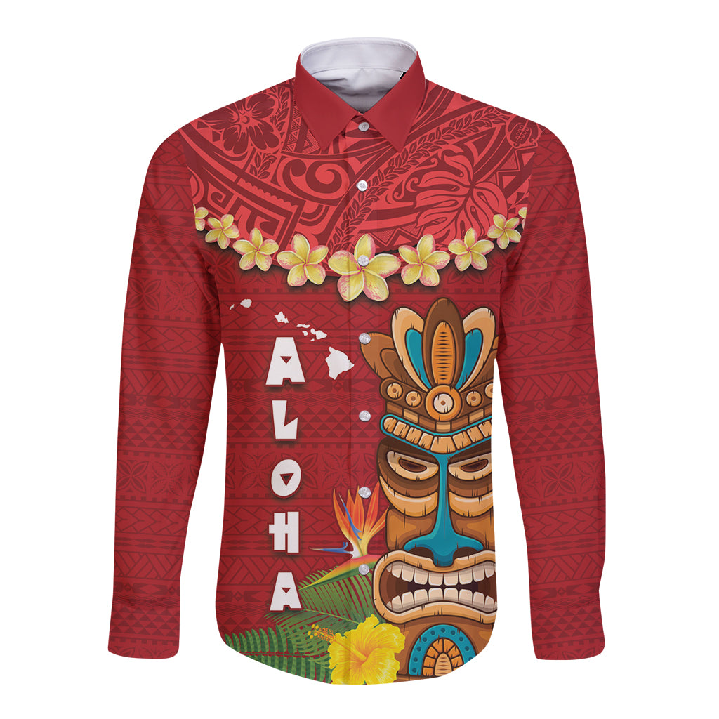 Hawaii Plumeria Lei Long Sleeve Button Shirt Tiki and Kakau Pattern Red Color
