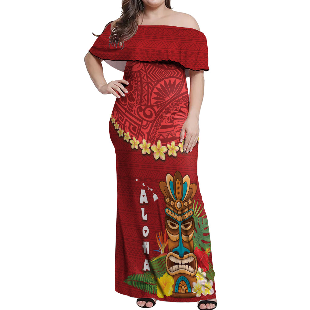 Hawaii Plumeria Lei Off Shoulder Maxi Dress Tiki and Kakau Pattern Red Color