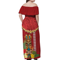 Hawaii Plumeria Lei Off Shoulder Maxi Dress Tiki and Kakau Pattern Red Color