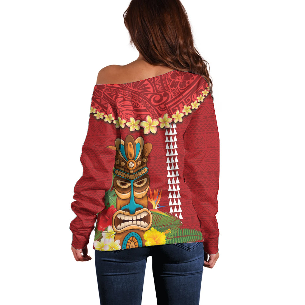 Hawaii Plumeria Lei Off Shoulder Sweater Tiki and Kakau Pattern Red Color