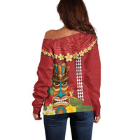 Hawaii Plumeria Lei Off Shoulder Sweater Tiki and Kakau Pattern Red Color