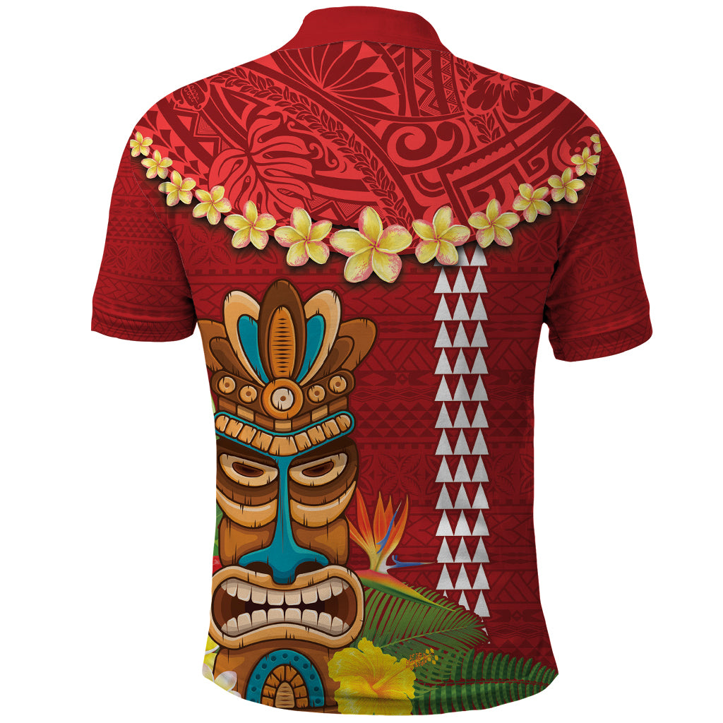 Hawaii Plumeria Lei Polo Shirt Tiki and Kakau Pattern Red Color