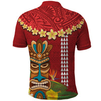 Hawaii Plumeria Lei Polo Shirt Tiki and Kakau Pattern Red Color