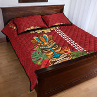 Hawaii Plumeria Lei Quilt Bed Set Tiki and Kakau Pattern Red Color