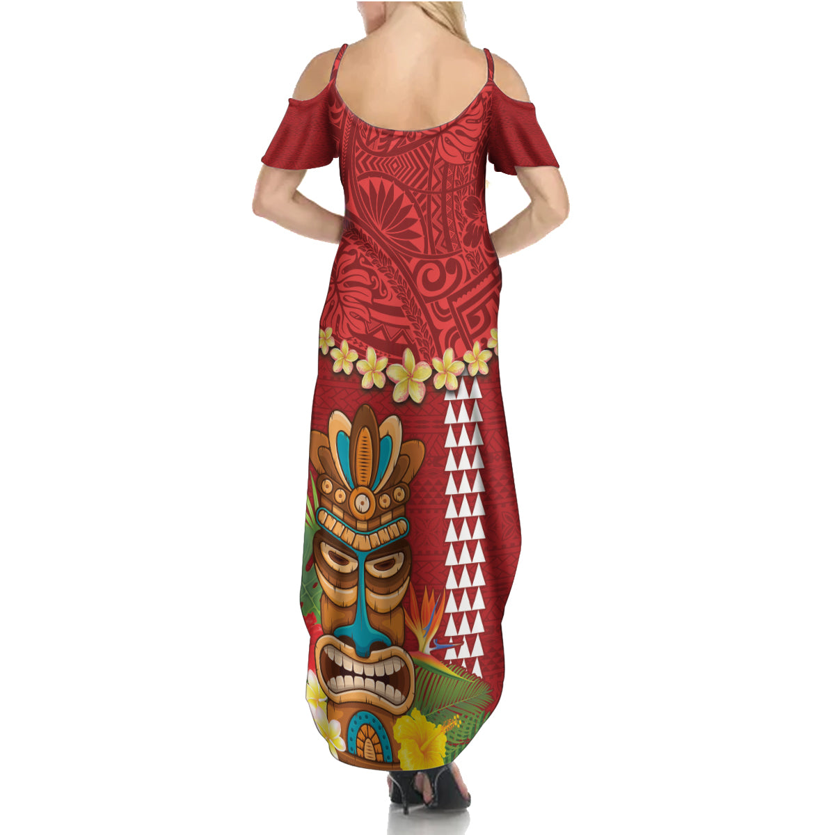 Hawaii Plumeria Lei Summer Maxi Dress Tiki and Kakau Pattern Red Color