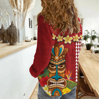 Hawaii Plumeria Lei Women Casual Shirt Tiki and Kakau Pattern Red Color