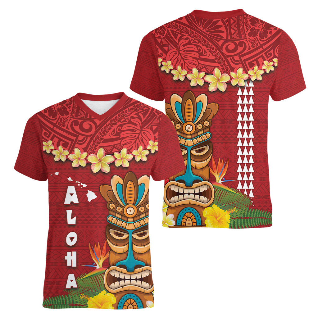 Hawaii Plumeria Lei Women V-Neck T-Shirt Tiki and Kakau Pattern Red Color