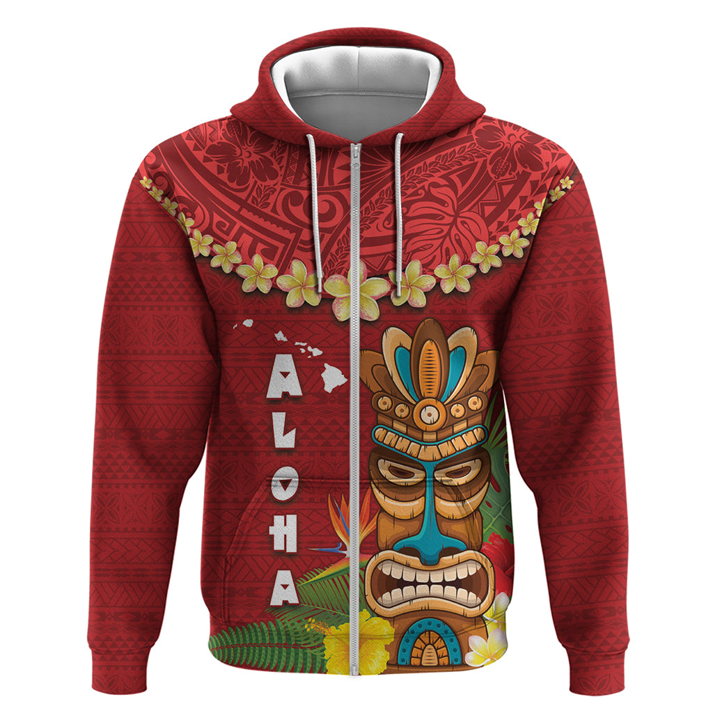 Hawaii Plumeria Lei Zip Hoodie Tiki and Kakau Pattern Red Color