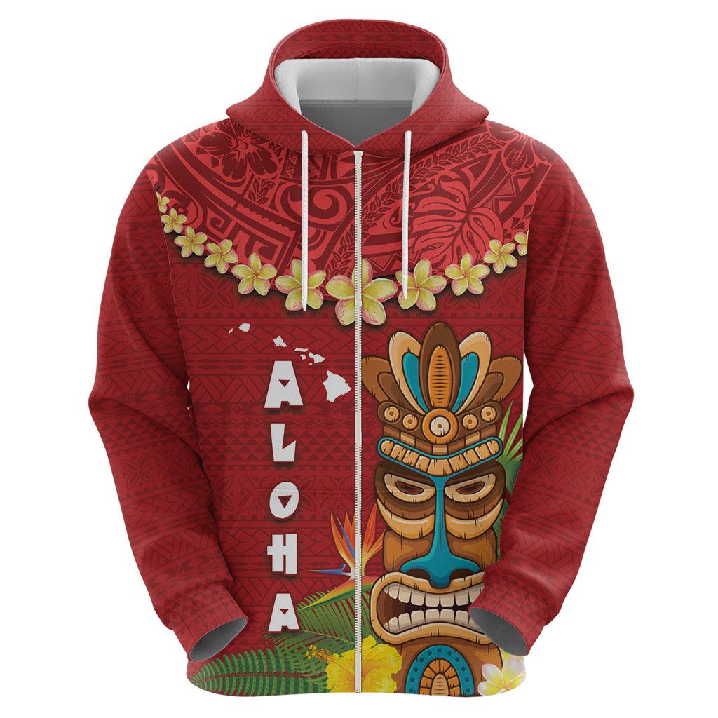 Hawaii Plumeria Lei Zip Hoodie Tiki and Kakau Pattern Red Color