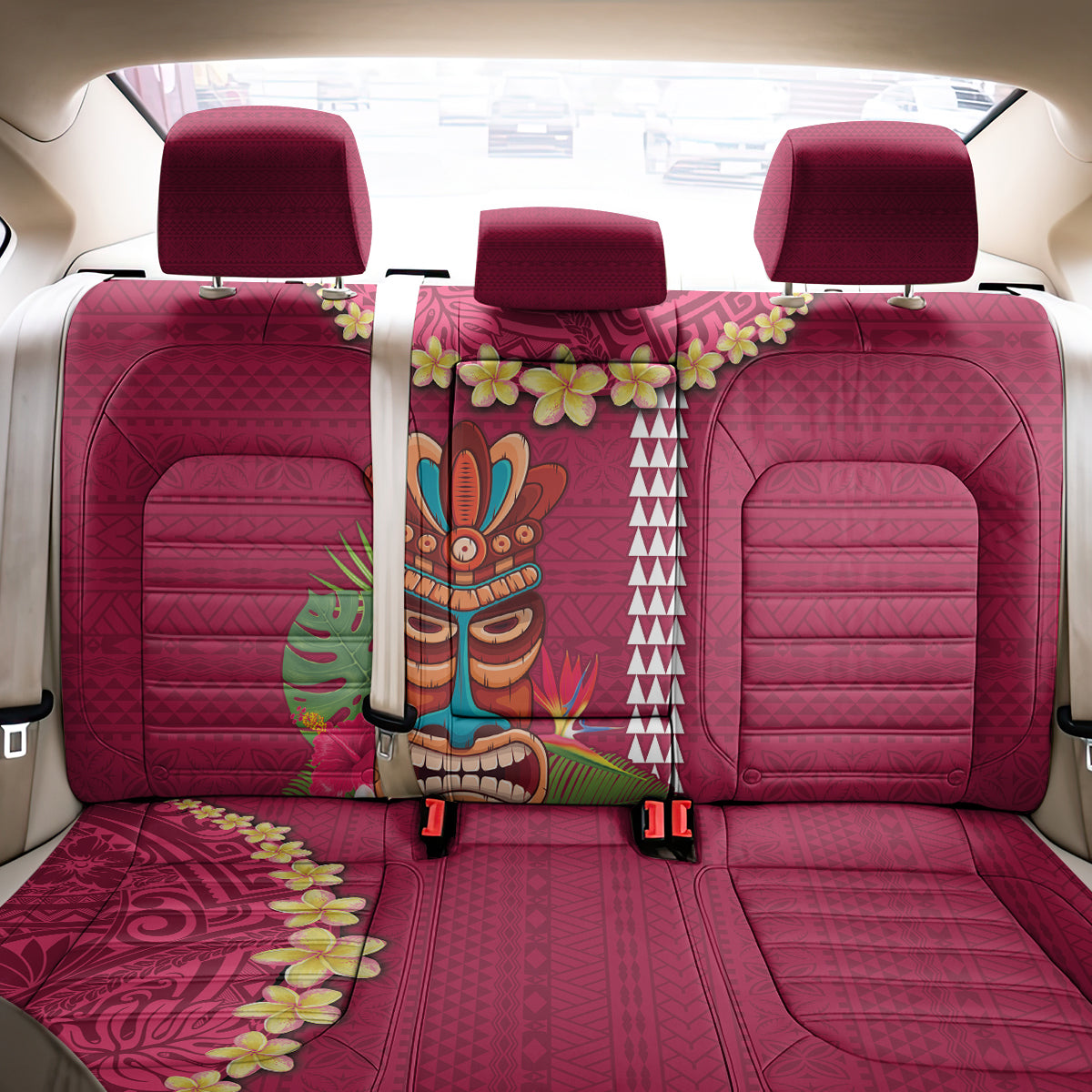 Hawaii Plumeria Lei Back Car Seat Cover Tiki and Kakau Pattern Pink Color LT03