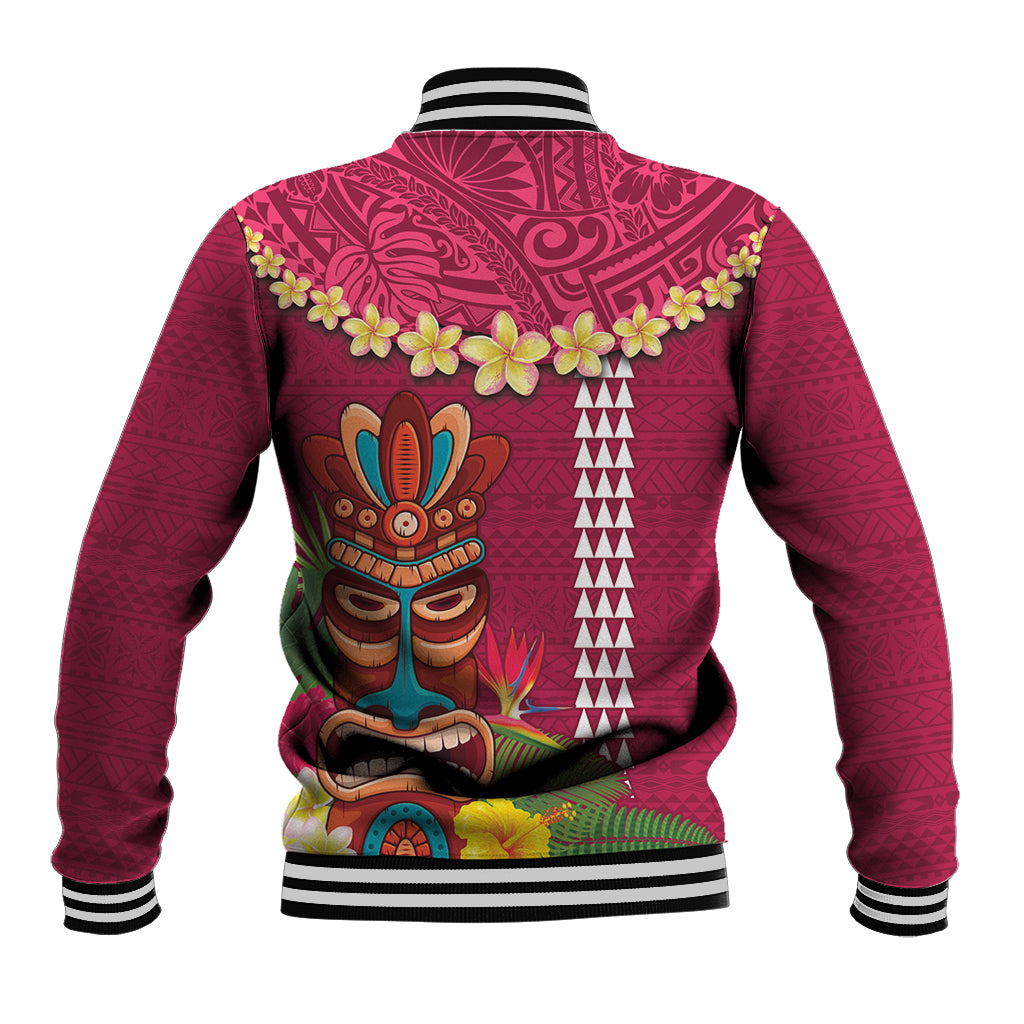 Hawaii Plumeria Lei Baseball Jacket Tiki and Kakau Pattern Pink Color