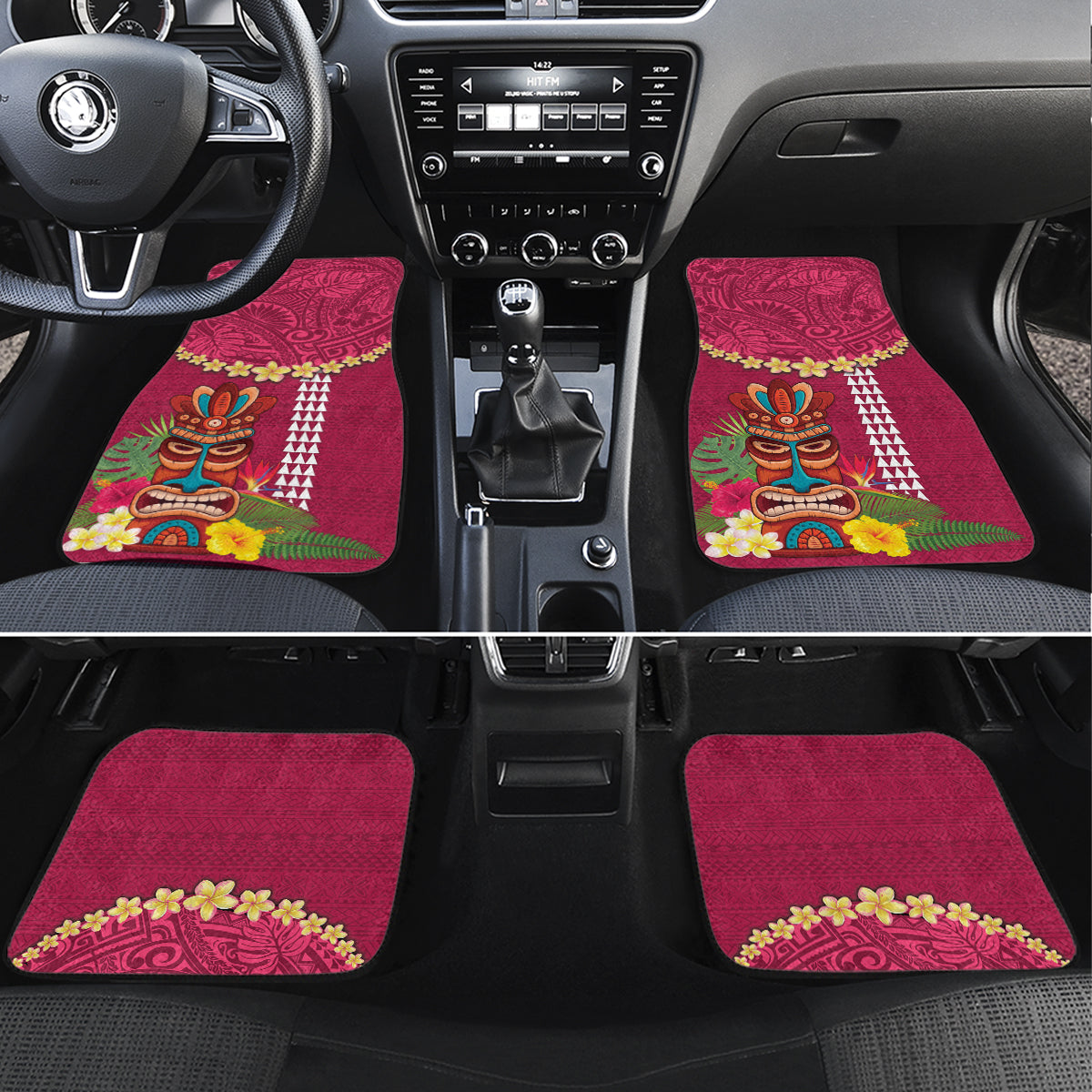 Hawaii Plumeria Lei Car Mats Tiki and Kakau Pattern Pink Color