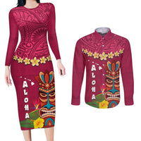 Hawaii Plumeria Lei Couples Matching Long Sleeve Bodycon Dress and Long Sleeve Button Shirt Tiki and Kakau Pattern Pink Color
