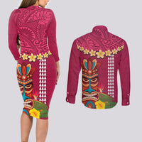 Hawaii Plumeria Lei Couples Matching Long Sleeve Bodycon Dress and Long Sleeve Button Shirt Tiki and Kakau Pattern Pink Color