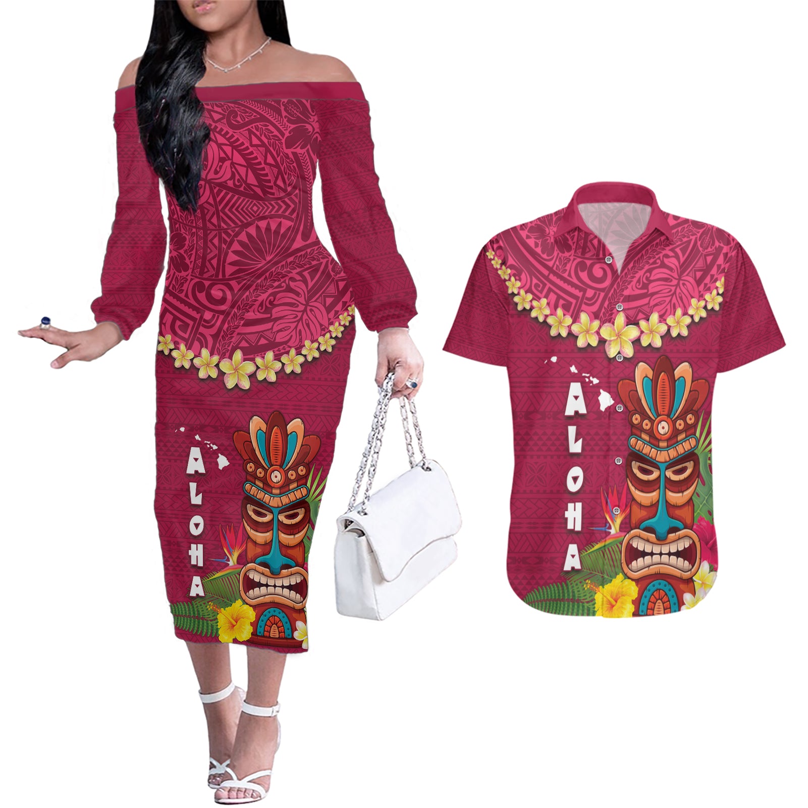 Hawaii Plumeria Lei Couples Matching Off The Shoulder Long Sleeve Dress and Hawaiian Shirt Tiki and Kakau Pattern Pink Color