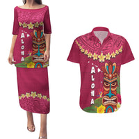 Hawaii Plumeria Lei Couples Matching Puletasi and Hawaiian Shirt Tiki and Kakau Pattern Pink Color