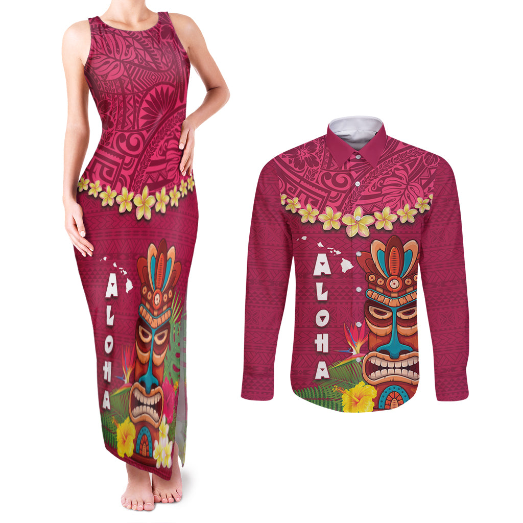Hawaii Plumeria Lei Couples Matching Tank Maxi Dress and Long Sleeve Button Shirt Tiki and Kakau Pattern Pink Color