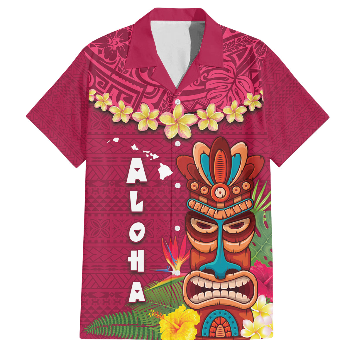 Hawaii Plumeria Lei Family Matching Puletasi and Hawaiian Shirt Tiki and Kakau Pattern Pink Color
