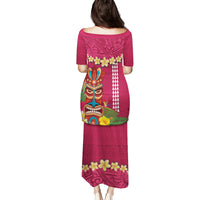 Hawaii Plumeria Lei Family Matching Puletasi and Hawaiian Shirt Tiki and Kakau Pattern Pink Color