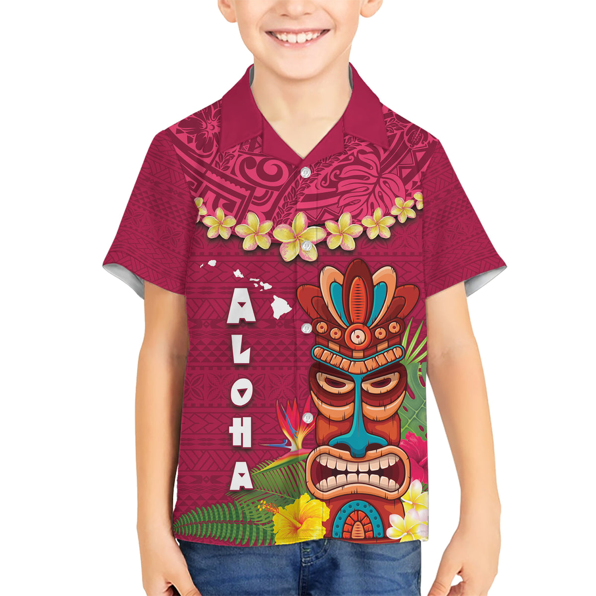 Hawaii Plumeria Lei Kid Hawaiian Shirt Tiki and Kakau Pattern Pink Color
