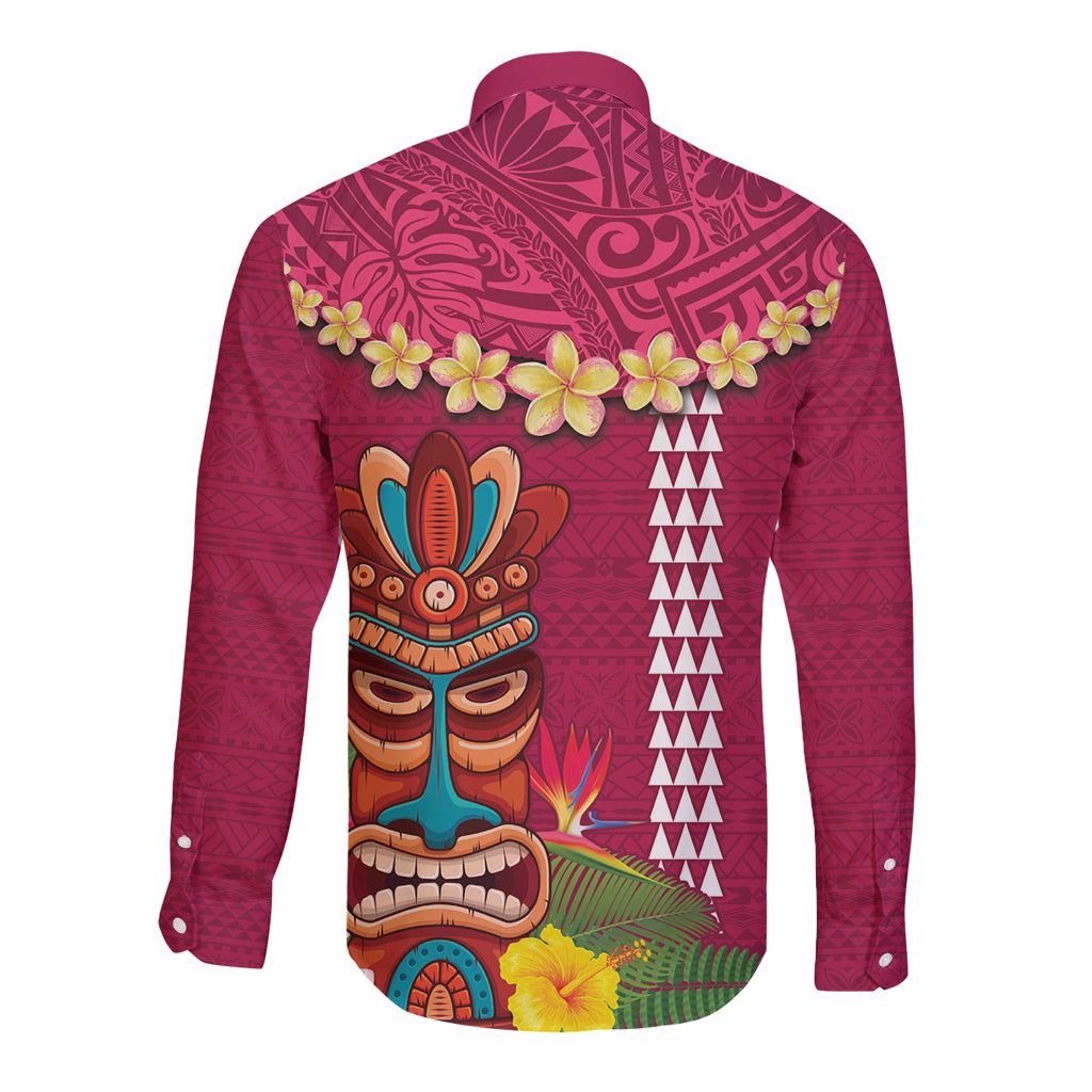 Hawaii Plumeria Lei Long Sleeve Button Shirt Tiki and Kakau Pattern Pink Color
