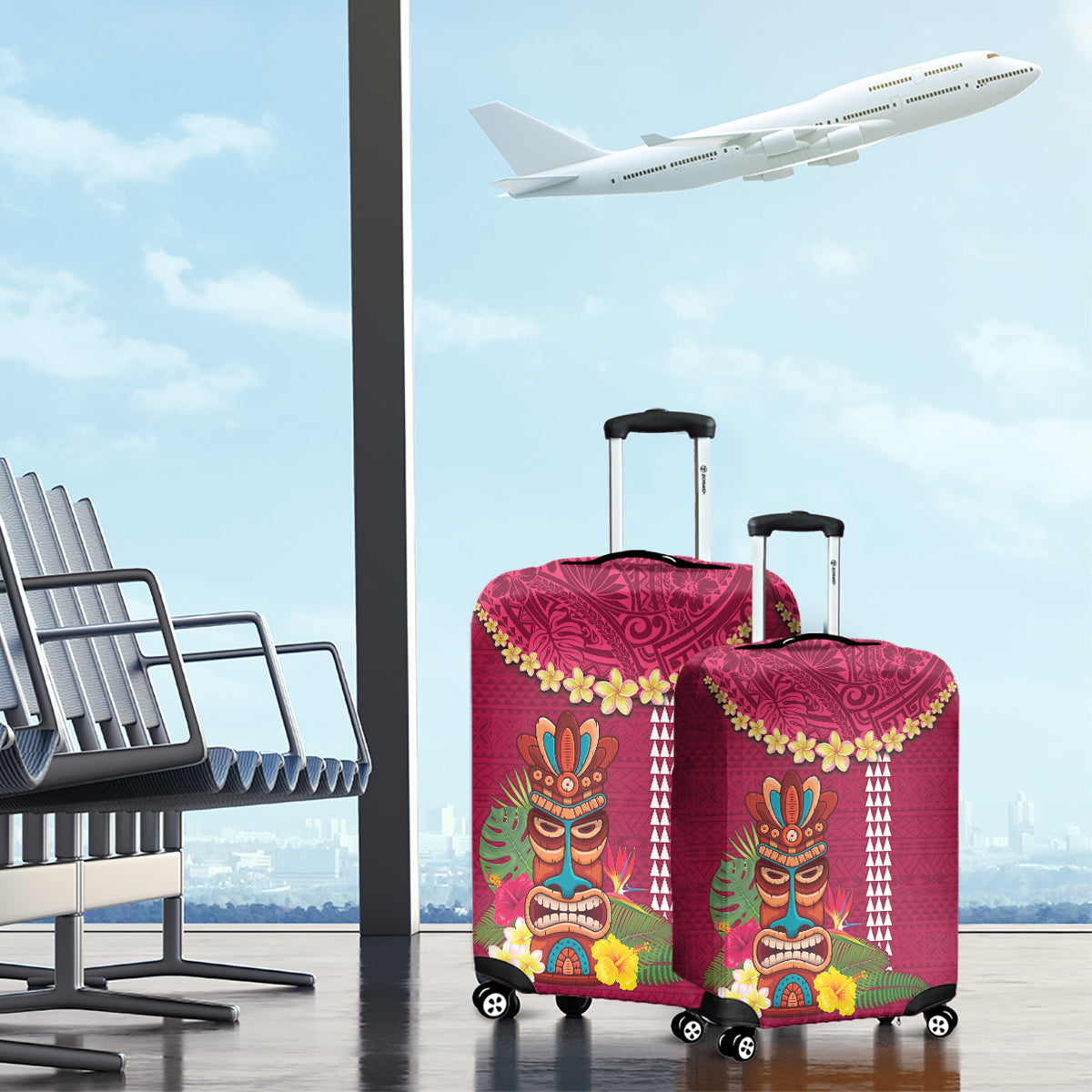 Hawaii Plumeria Lei Luggage Cover Tiki and Kakau Pattern Pink Color