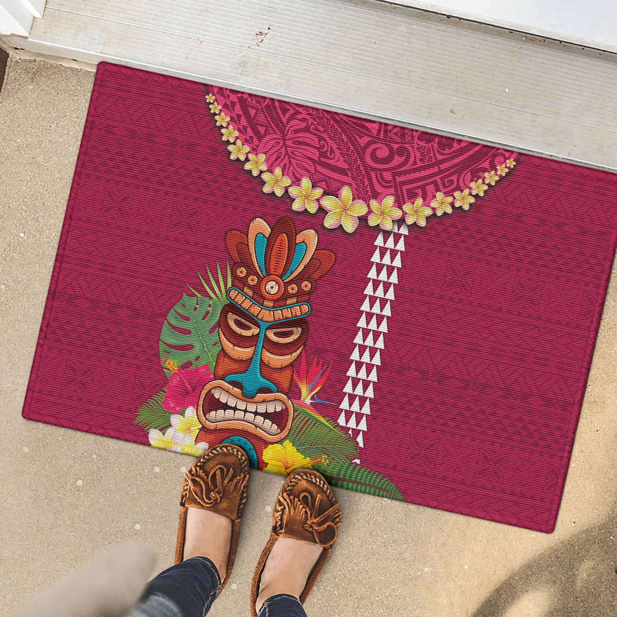 Hawaii Plumeria Lei Rubber Doormat Tiki and Kakau Pattern Pink Color