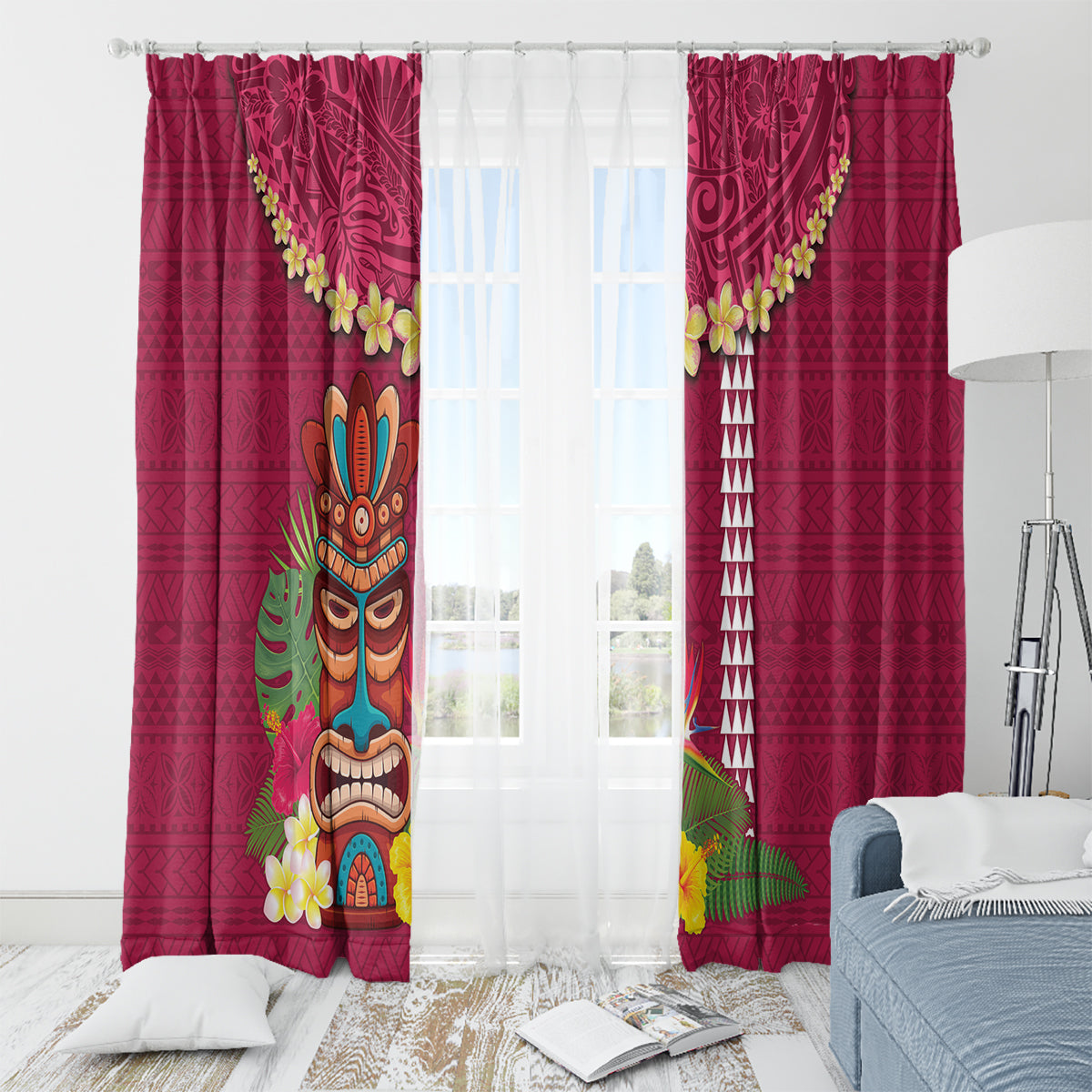 Hawaii Plumeria Lei Window Curtain Tiki and Kakau Pattern Pink Color