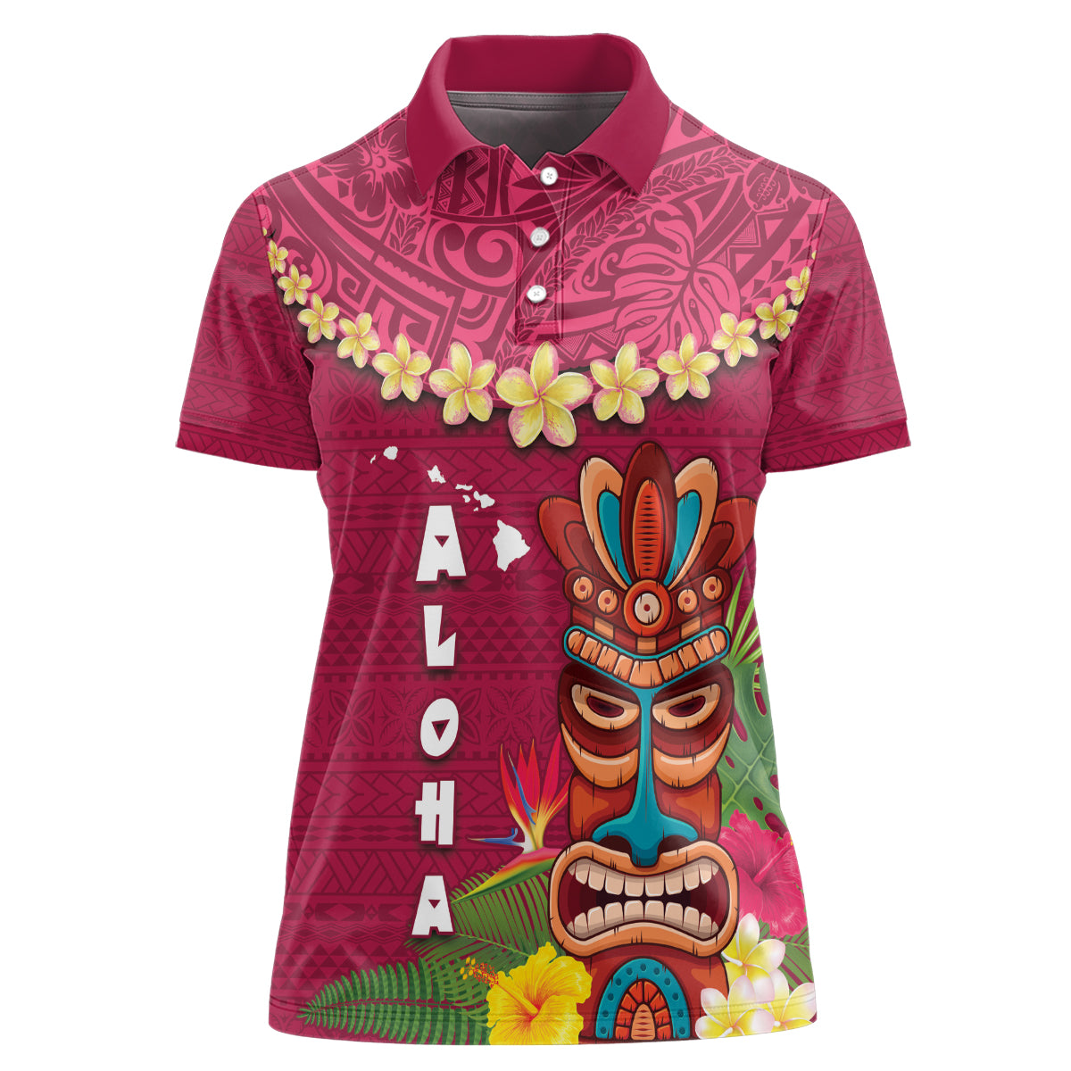 Hawaii Plumeria Lei Women Polo Shirt Tiki and Kakau Pattern Pink Color