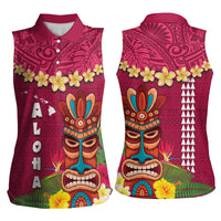 Hawaii Plumeria Lei Women Sleeveless Polo Shirt Tiki and Kakau Pattern Pink Color