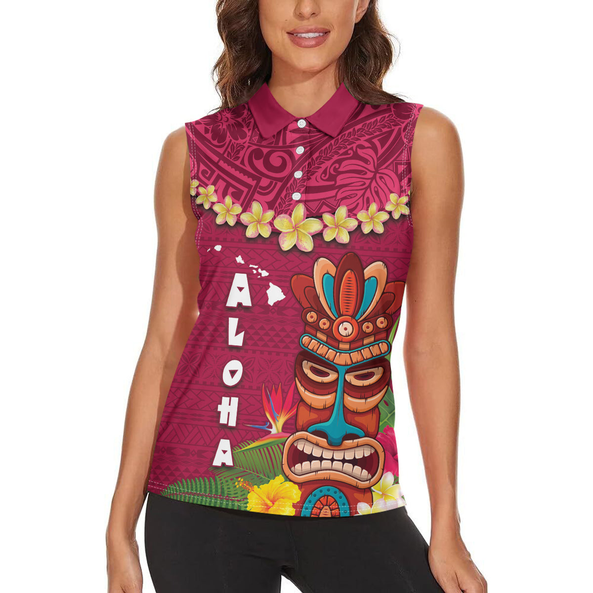 Hawaii Plumeria Lei Women Sleeveless Polo Shirt Tiki and Kakau Pattern Pink Color