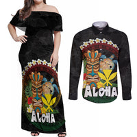 Aloha Hawaii Couples Matching Off Shoulder Maxi Dress and Long Sleeve Button Shirt Kanaka Maoli with Polynesian Spiral Plumeria