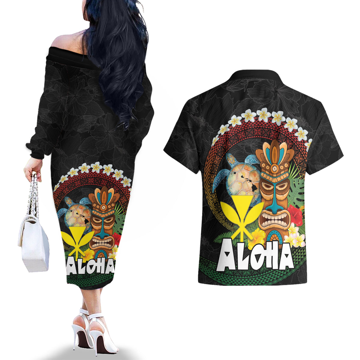 Aloha Hawaii Couples Matching Off The Shoulder Long Sleeve Dress and Hawaiian Shirt Kanaka Maoli with Polynesian Spiral Plumeria