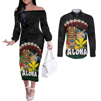 Aloha Hawaii Couples Matching Off The Shoulder Long Sleeve Dress and Long Sleeve Button Shirt Kanaka Maoli with Polynesian Spiral Plumeria