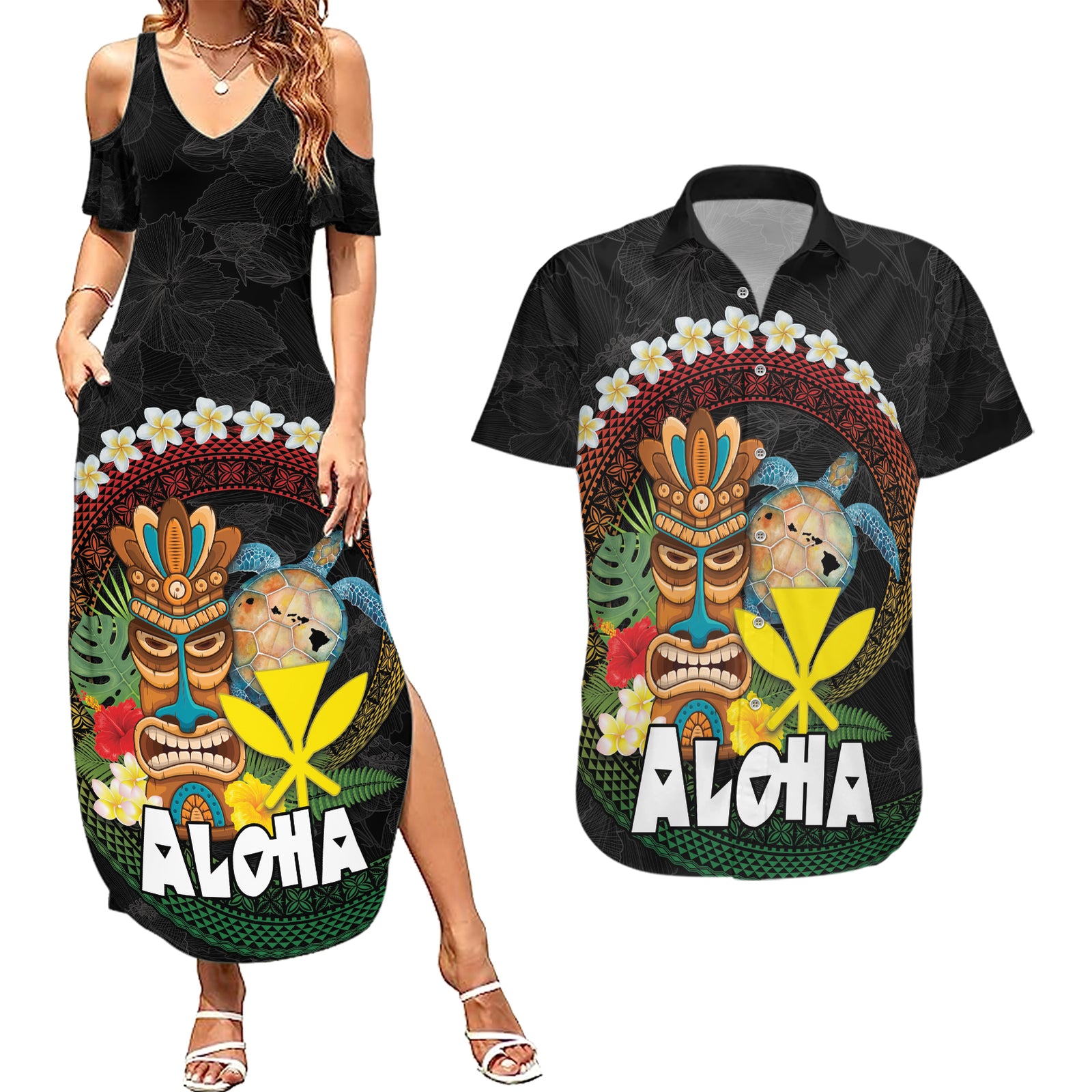 Aloha Hawaii Couples Matching Summer Maxi Dress and Hawaiian Shirt Kanaka Maoli with Polynesian Spiral Plumeria