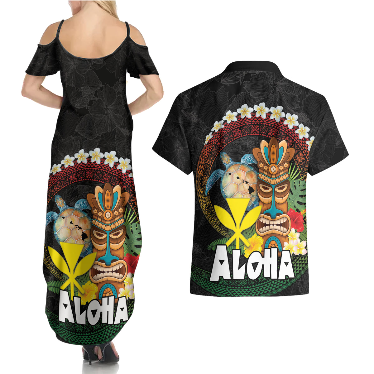 Aloha Hawaii Couples Matching Summer Maxi Dress and Hawaiian Shirt Kanaka Maoli with Polynesian Spiral Plumeria