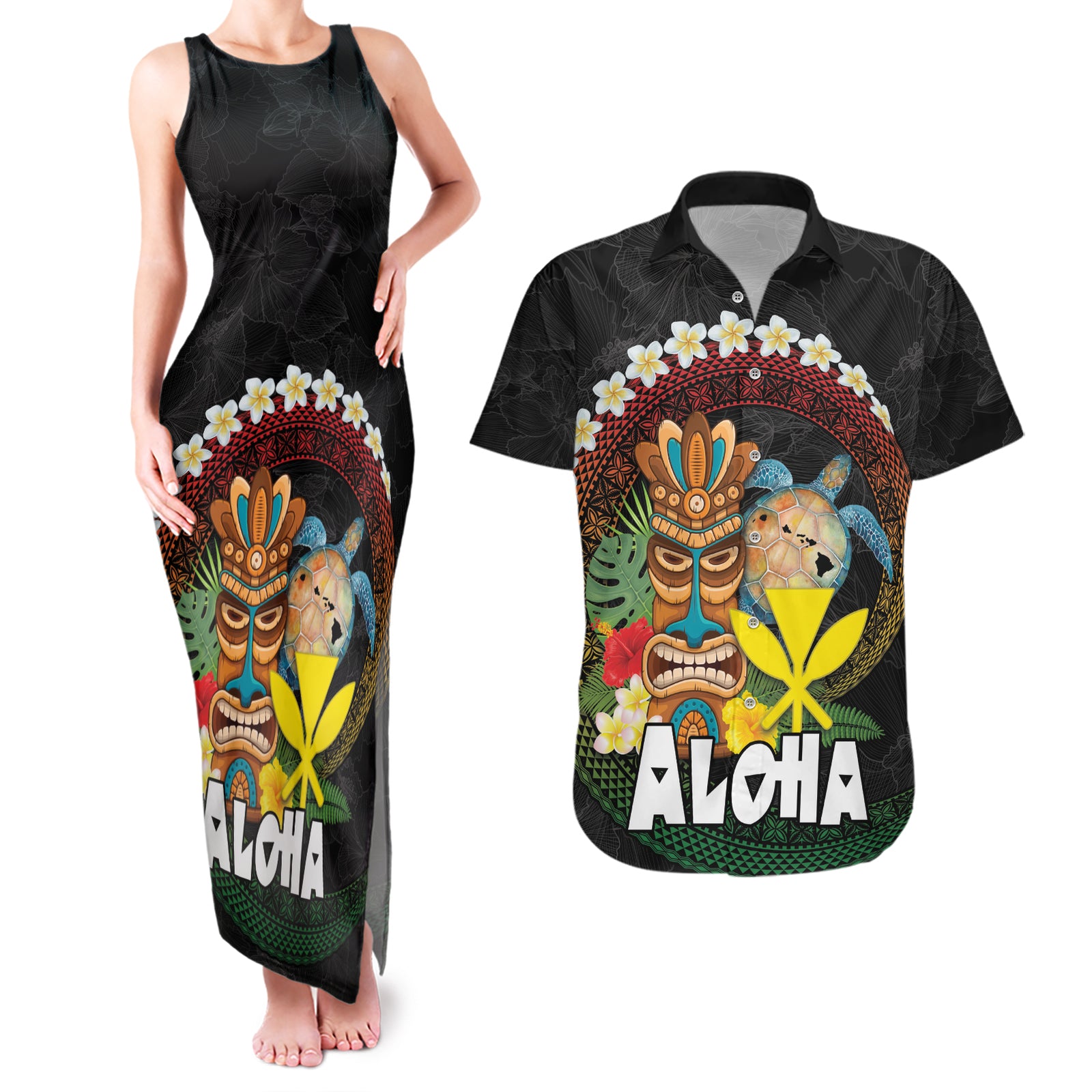 Aloha Hawaii Couples Matching Tank Maxi Dress and Hawaiian Shirt Kanaka Maoli with Polynesian Spiral Plumeria