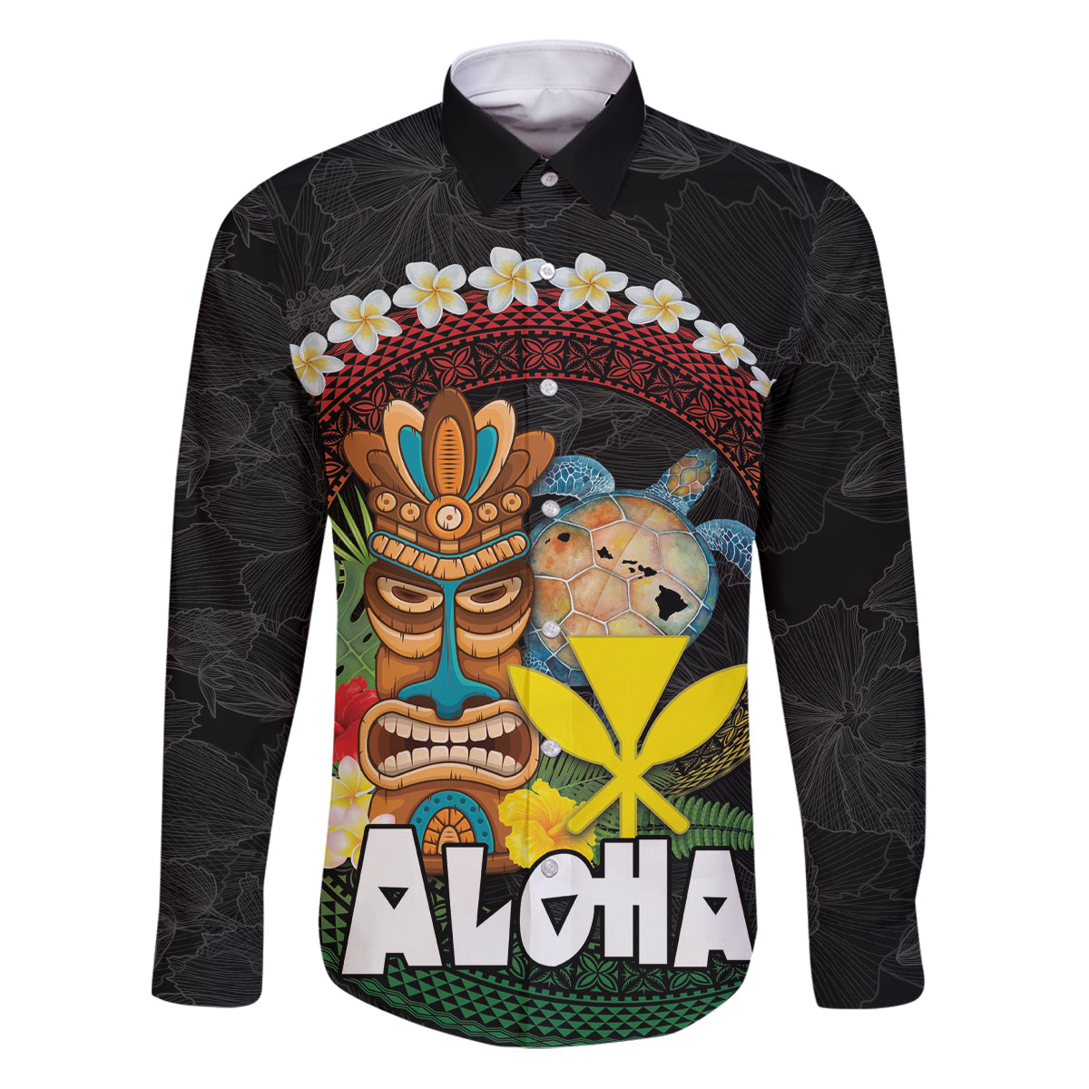Aloha Hawaii Family Matching Puletasi and Hawaiian Shirt Kanaka Maoli with Polynesian Spiral Plumeria LT03 Dad's Shirt - Long Sleeve Black - Polynesian Pride