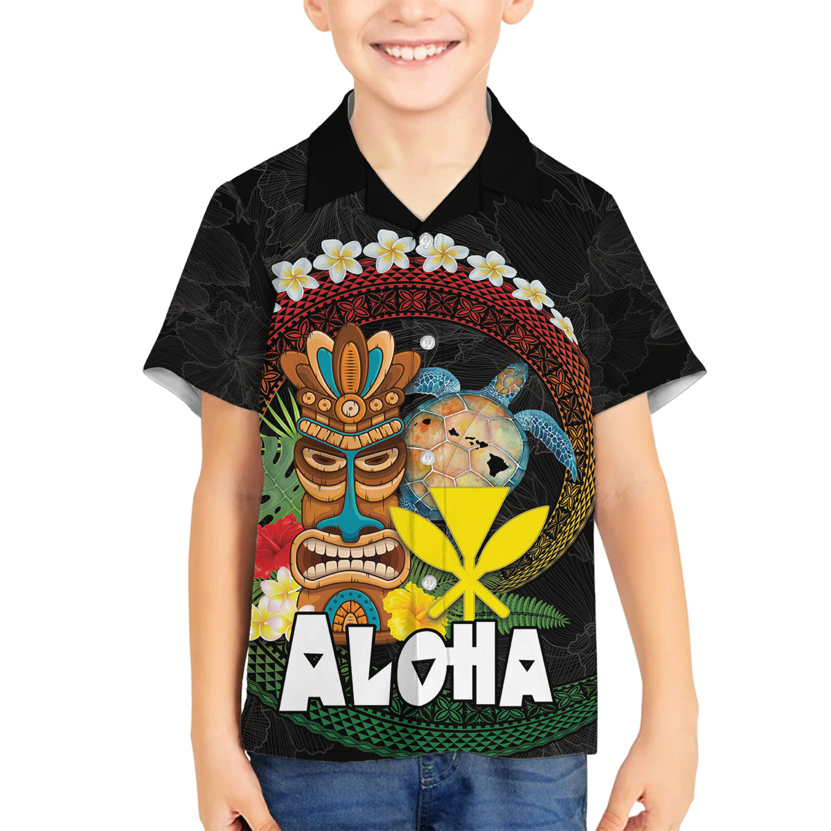 Aloha Hawaii Family Matching Puletasi and Hawaiian Shirt Kanaka Maoli with Polynesian Spiral Plumeria LT03 Son's Shirt Black - Polynesian Pride