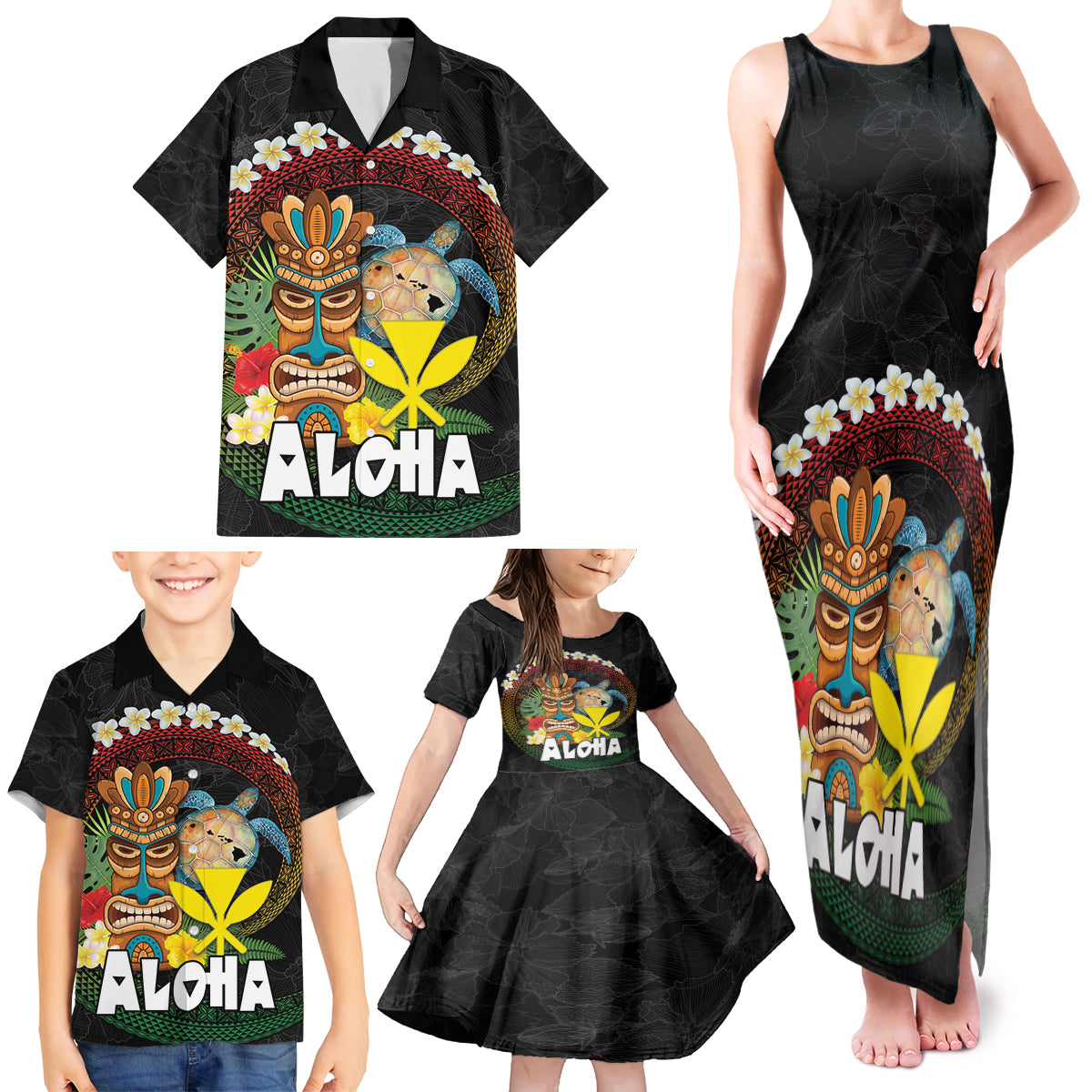 Aloha Hawaii Family Matching Tank Maxi Dress and Hawaiian Shirt Kanaka Maoli with Polynesian Spiral Plumeria