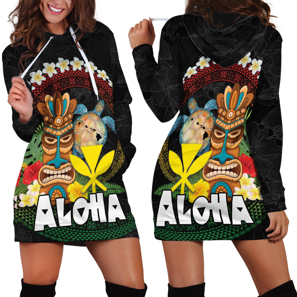 Aloha Hawaii Hoodie Dress Kanaka Maoli with Polynesian Spiral Plumeria