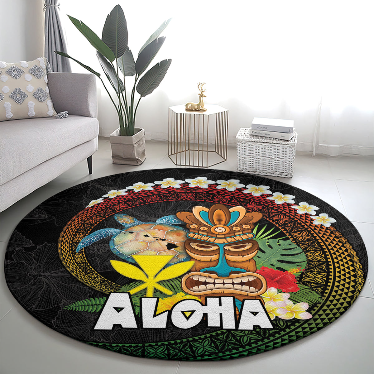 Aloha Hawaii Round Carpet Kanaka Maoli with Polynesian Spiral Plumeria